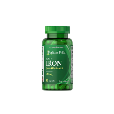 A green bottle of Puritan's Pride Easy Iron (Iron Glycinate) 28 mg contains 90 capsules to help support energy production.